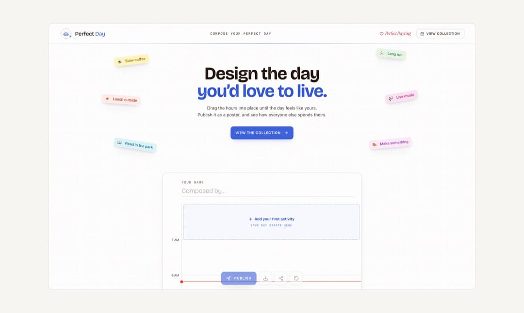 Perfect Day — the day editor on its landing page